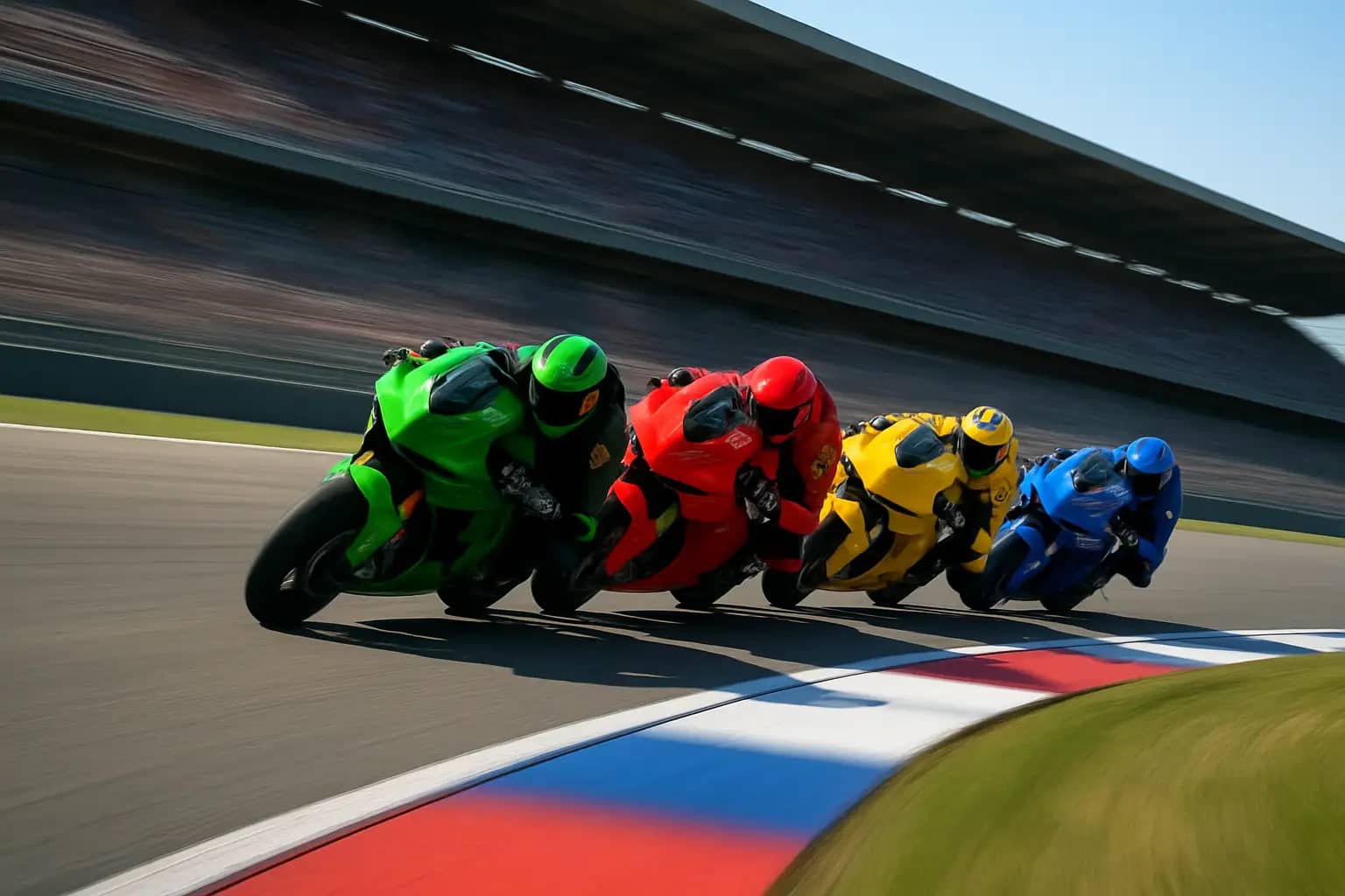 MotoGP prototype motorcycles racing through a sweeping corner on a modern circuit