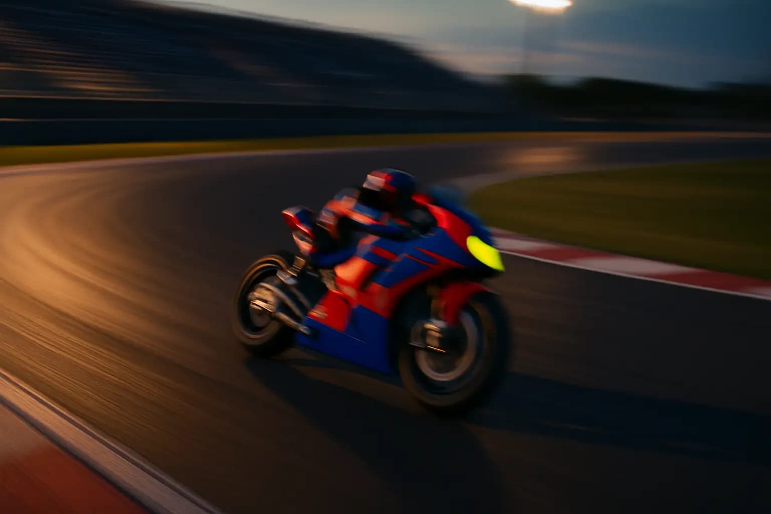 MotoGP prototype motorcycle leaning through a corner on a race circuit
