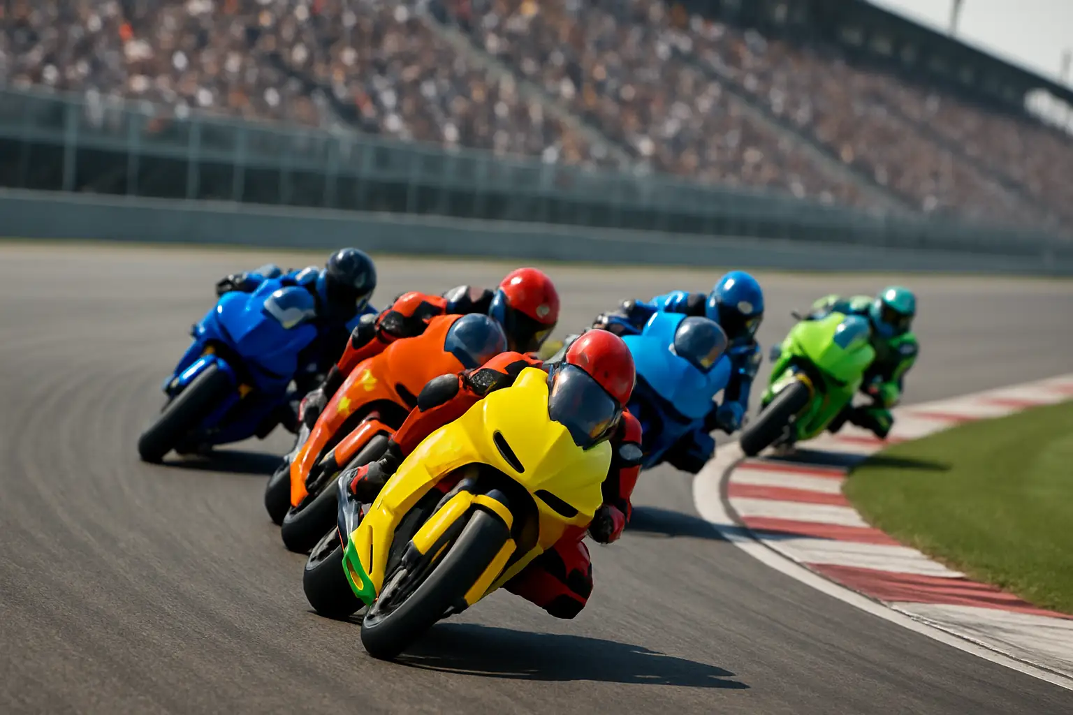 MotoGP prototype motorcycles racing through a fast corner on a modern circuit