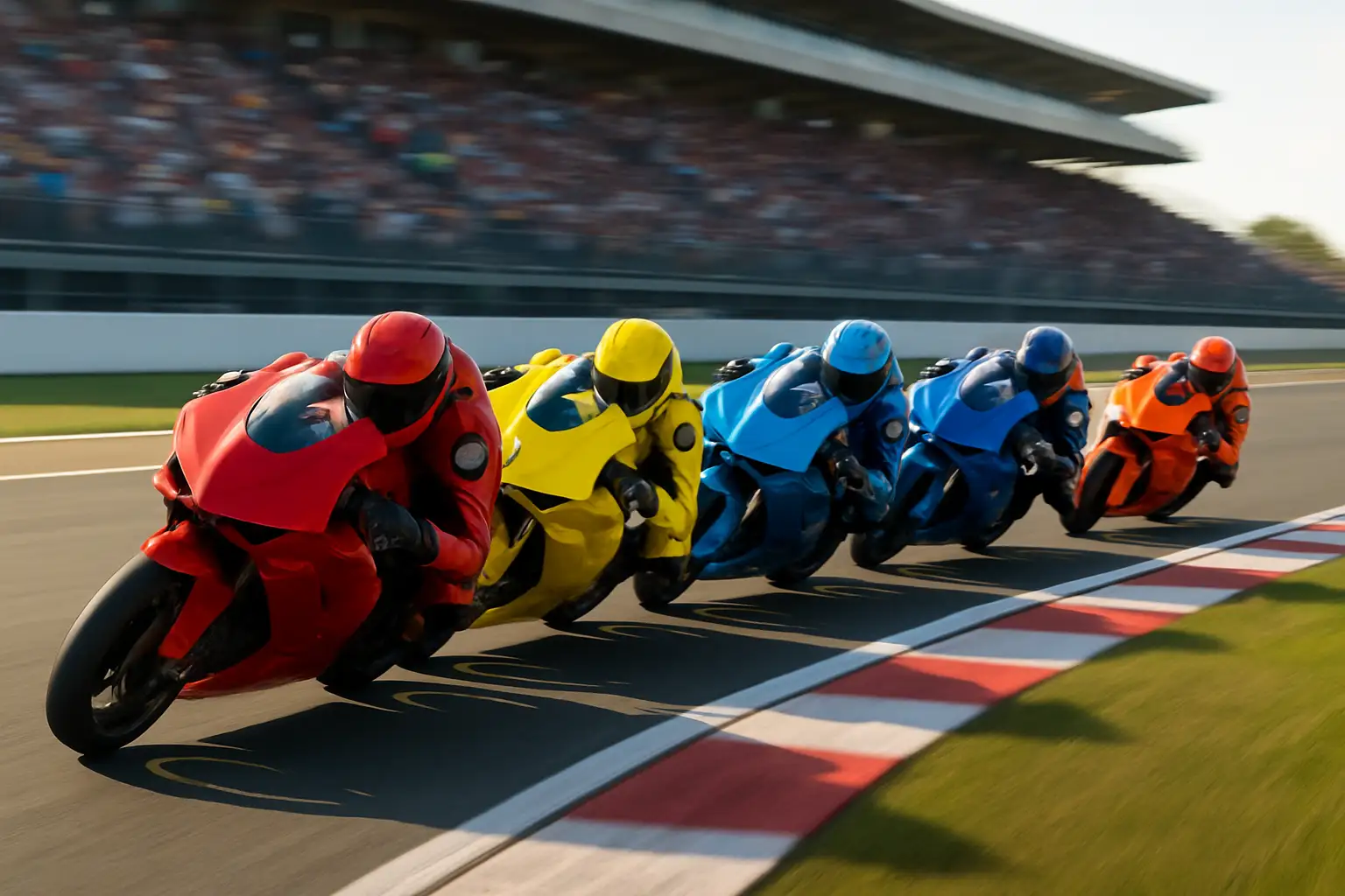 MotoGP motorcycles racing closely together through a fast corner on a purpose-built circuit