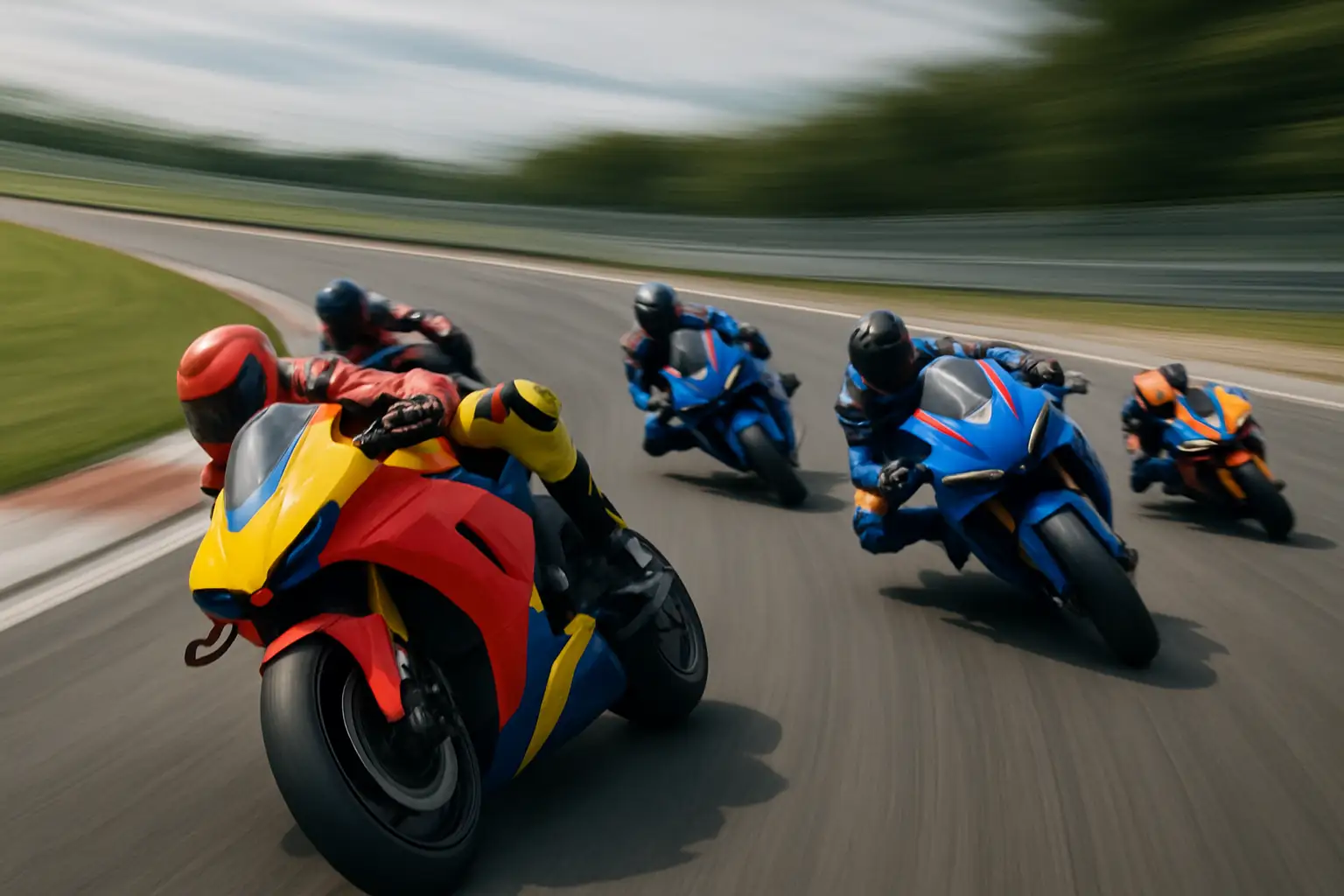 MotoGP racing motorcycles leaning into a corner on a grand prix circuit